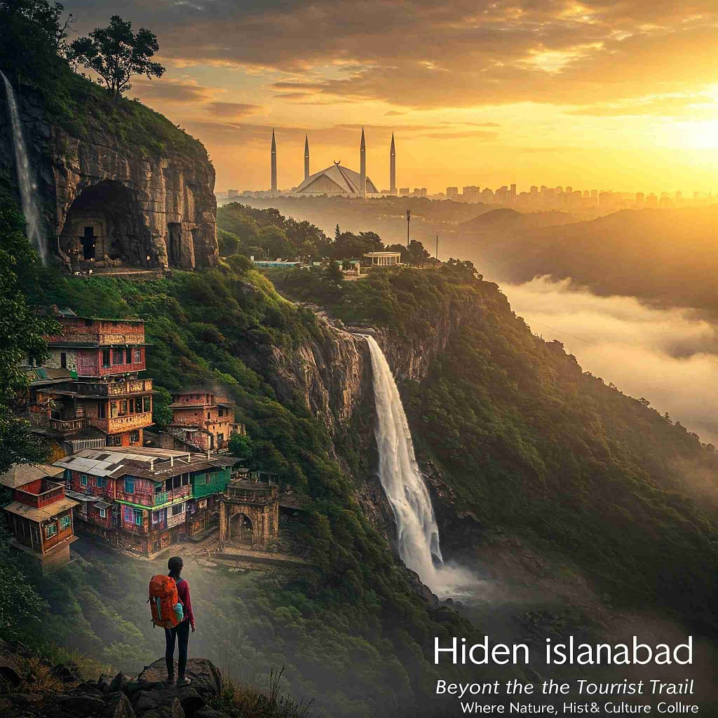 Explorer discovering hidden gems of Islamabad: waterfalls, caves, and cultural sites under golden hour