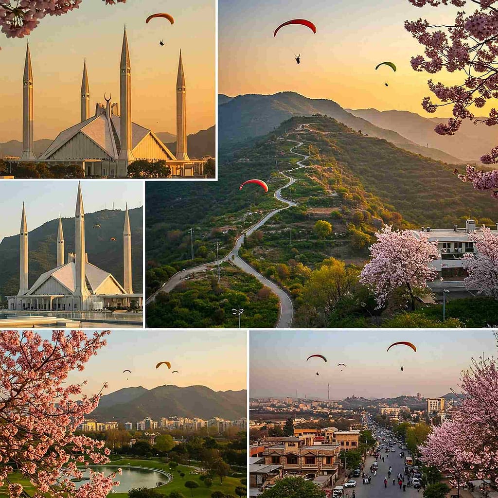 Iconic Islamabad landmarks collage: Faisal Mosque, Margalla Hills and Saidpur Village - best places to visit in Pakistan's capital