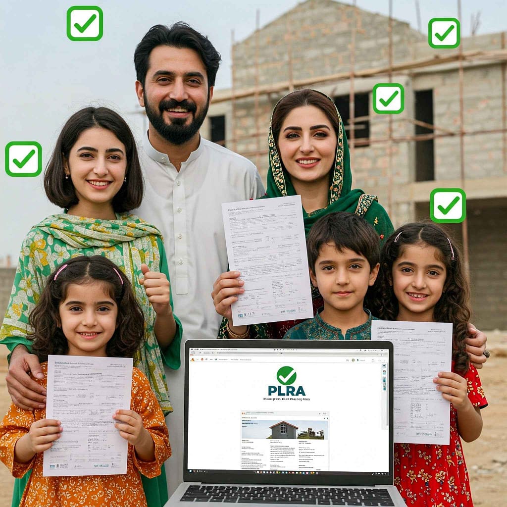 Happy family verifying property records online in Pakistan