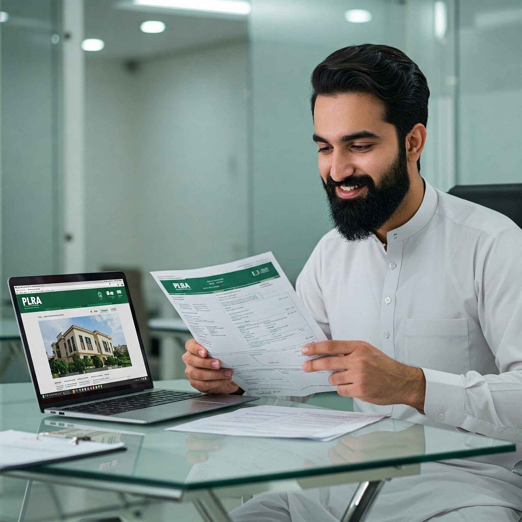 Man verifying property records online in Pakistan using PLRA portal"