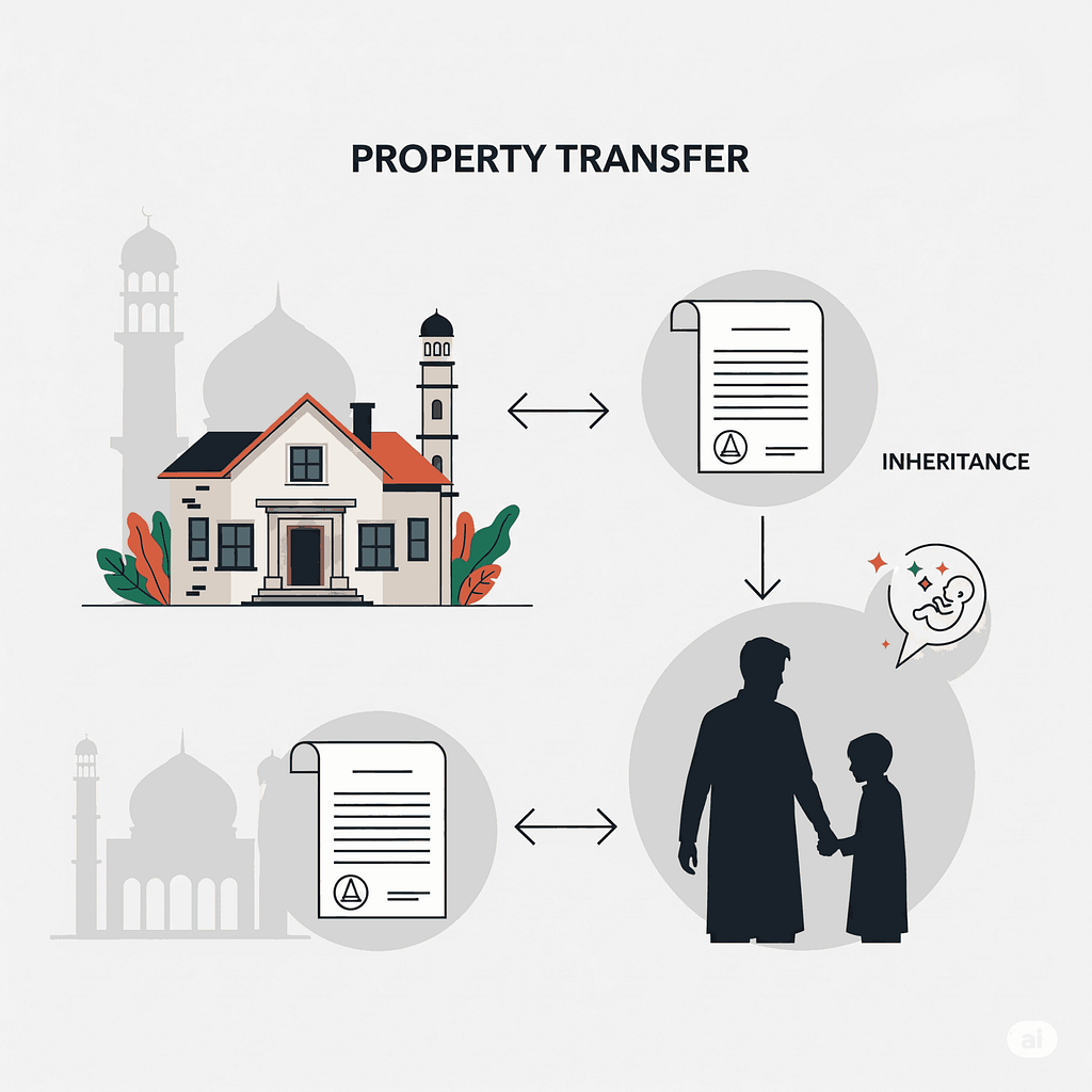 Illustration showing property transfer process in Pakistan including legal documents, family transfer from father to son, and future inheritance to unborn child, with icons of house, deed, family, and baby.