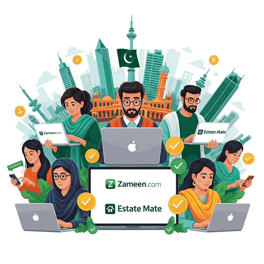 Illustration of people browsing property selling websites in Pakistan including Zameen.com and Estate Mate, with city skylines and trust symbols in the background
