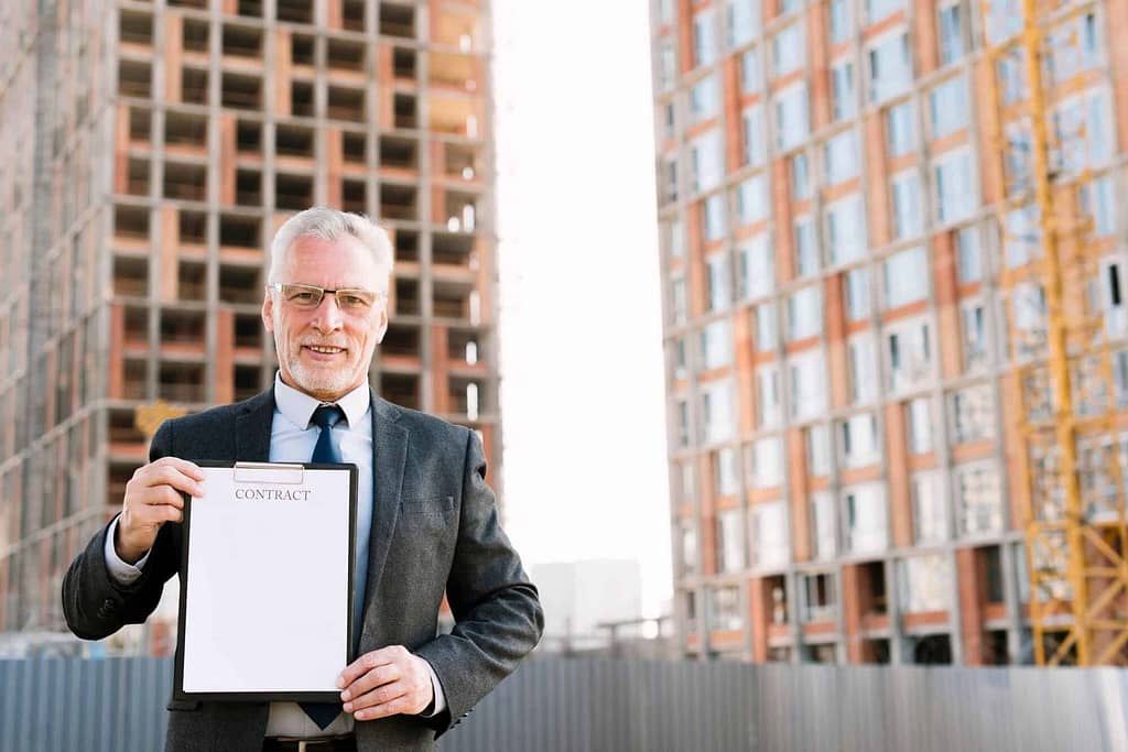 An elderly Caucasian man stand infront of building
