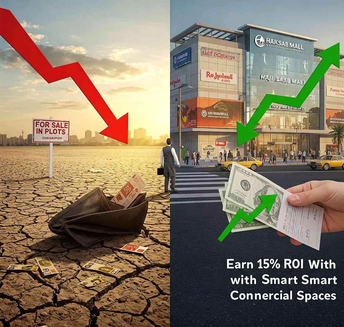 Comparative infographic showing empty plot land (bad investment) vs bustling Pakistani shopping mall (high-ROI commercial property) with businessman choosing wisely